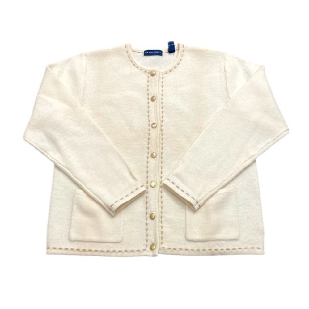 Karen Scott 100% wool cardigan sweater Cream Gold tone buttons Size M Classy